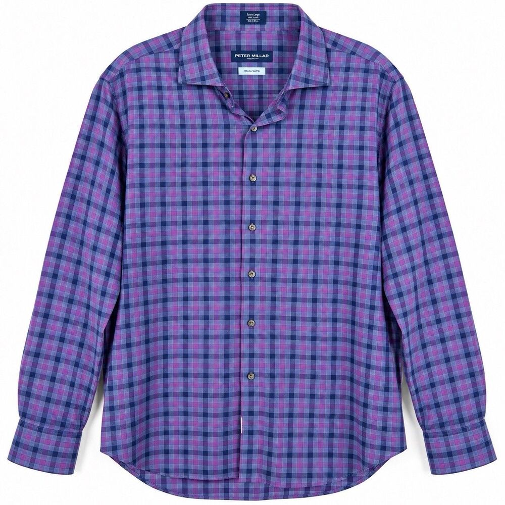 Peter Millar Winter Soft Twill Collection Shirt Mens XL Purple Blue Plaid Preppy